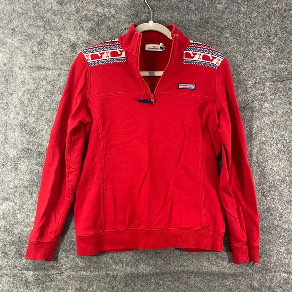 Vineyard Vines Sweatshirt XS Red Fleece Shep 1/4 Zip Long Sleeve Fair Isle - Picture 1 of 9